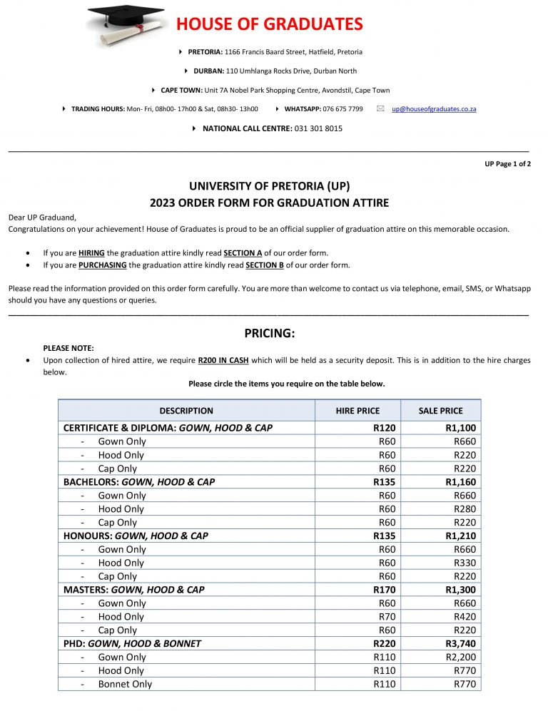 Pricelist Order Form 20231 House Of Graduates